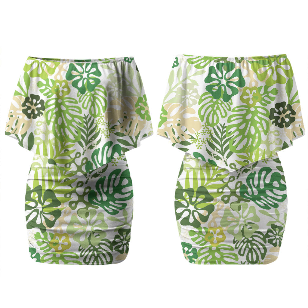 Green Aloha Hawaiian Couples Matching Off Shoulder Short Dress and Long Sleeve Button Shirt Monstera Hibiscus Tropical Pattern