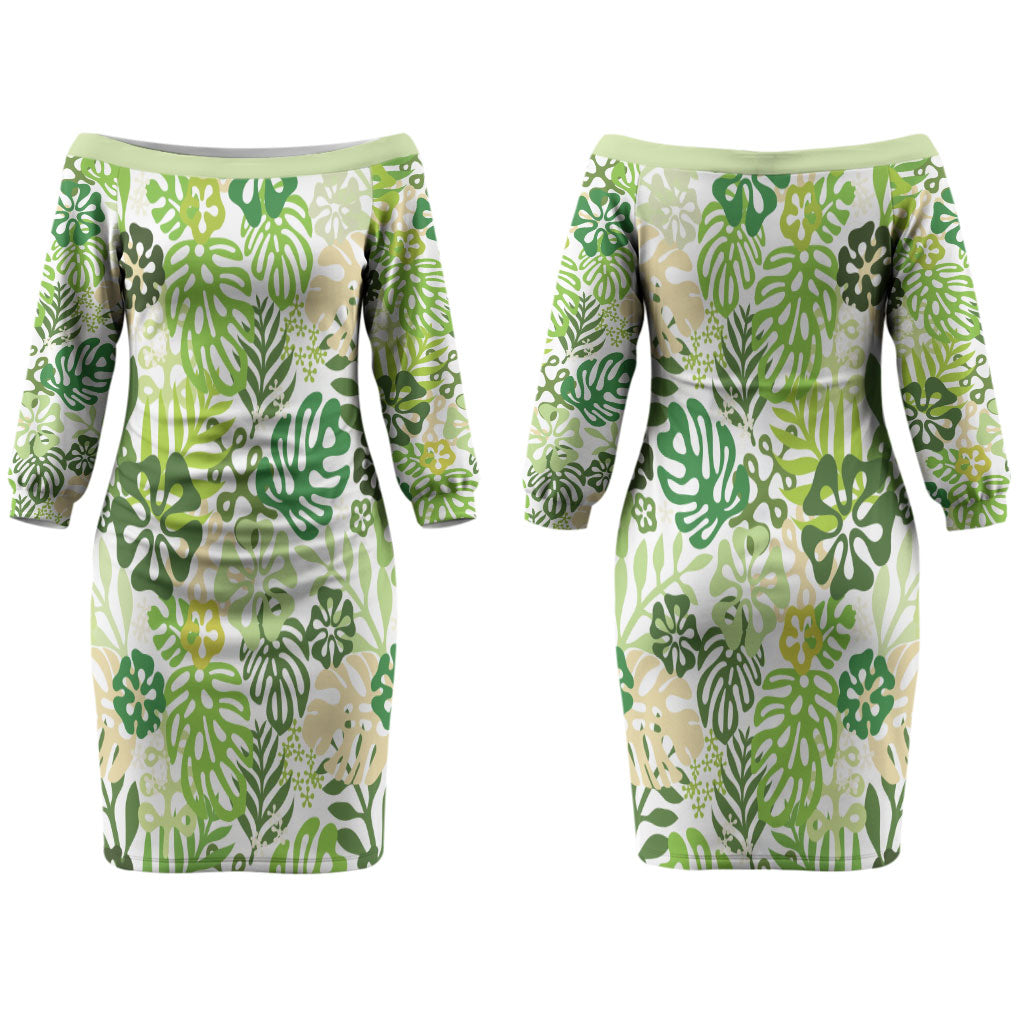 Green Aloha Hawaiian Couples Matching Off The Shoulder Long Sleeve Dress and Hawaiian Shirt Monstera Hibiscus Tropical Pattern