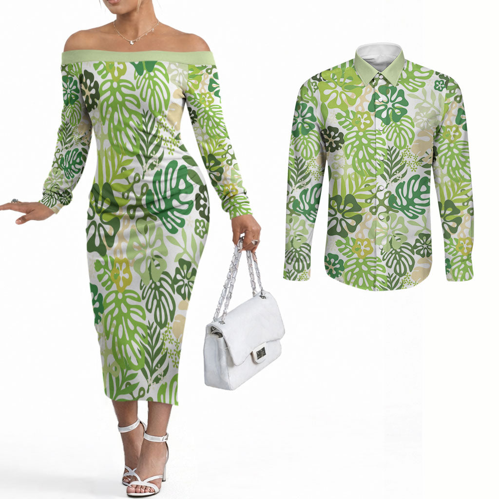 Green Aloha Hawaiian Couples Matching Off The Shoulder Long Sleeve Dress and Long Sleeve Button Shirt Monstera Hibiscus Tropical Pattern