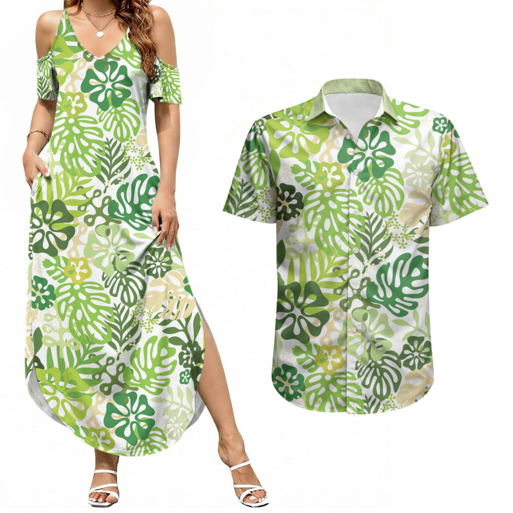 Green Aloha Hawaiian Couples Matching Summer Maxi Dress and Hawaiian Shirt Monstera Hibiscus Tropical Pattern