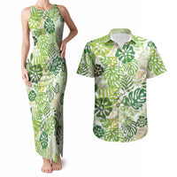 Green Aloha Hawaiian Couples Matching Tank Maxi Dress and Hawaiian Shirt Monstera Hibiscus Tropical Pattern