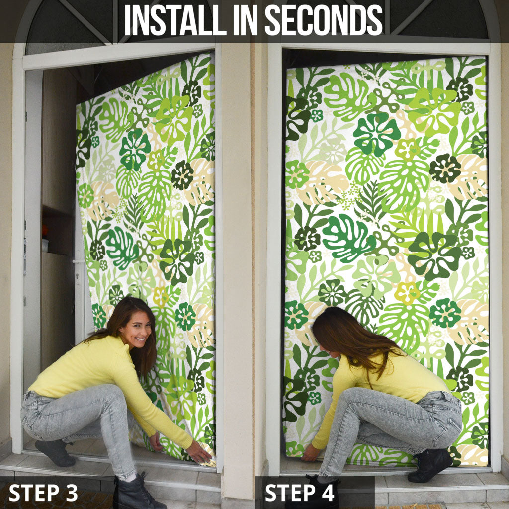 Green Aloha Hawaiian Door Cover Monstera Hibiscus Tropical Pattern