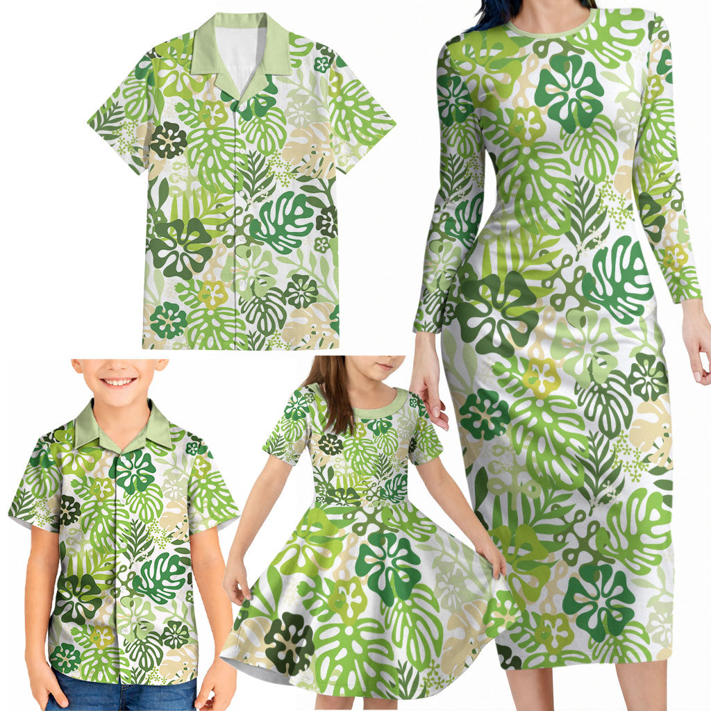 Green Aloha Hawaiian Family Matching Long Sleeve Bodycon Dress and Hawaiian Shirt Monstera Hibiscus Tropical Pattern LT19 - Polynesian Pride