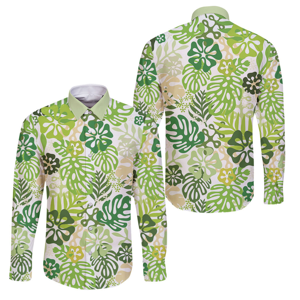 Green Aloha Hawaiian Family Matching Off The Shoulder Long Sleeve Dress and Hawaiian Shirt Monstera Hibiscus Tropical Pattern