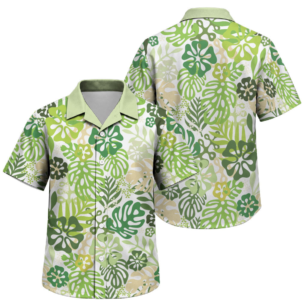 Green Aloha Hawaiian Family Matching Off The Shoulder Long Sleeve Dress and Hawaiian Shirt Monstera Hibiscus Tropical Pattern