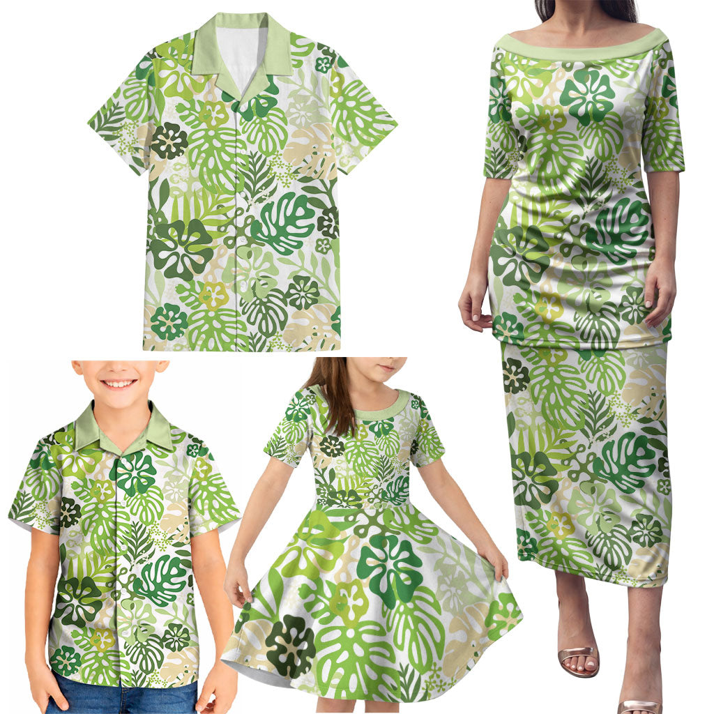 Green Aloha Hawaiian Family Matching Puletasi and Hawaiian Shirt Monstera Hibiscus Tropical Pattern