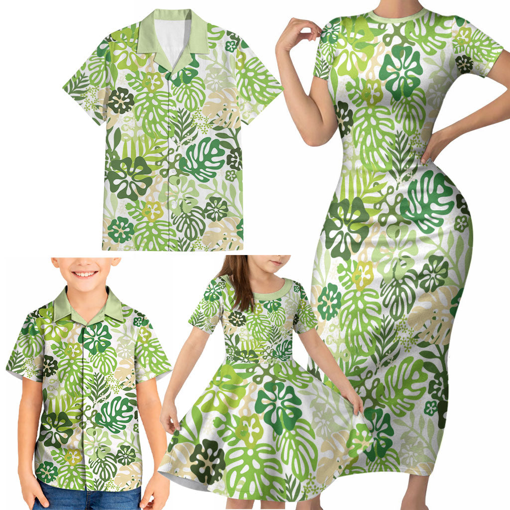 Green Aloha Hawaiian Family Matching Short Sleeve Bodycon Dress and Hawaiian Shirt Monstera Hibiscus Tropical Pattern