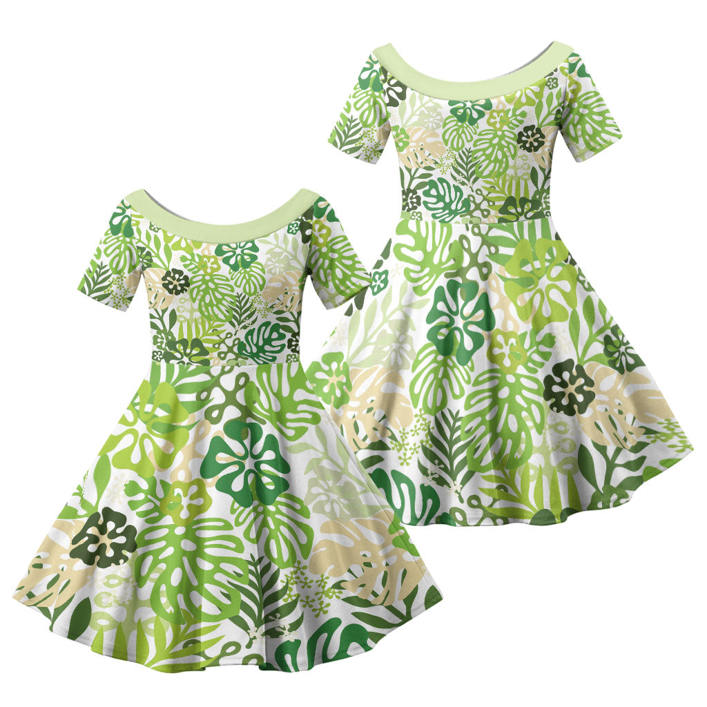 Green Aloha Hawaiian Family Matching Summer Maxi Dress and Hawaiian Shirt Monstera Hibiscus Tropical Pattern