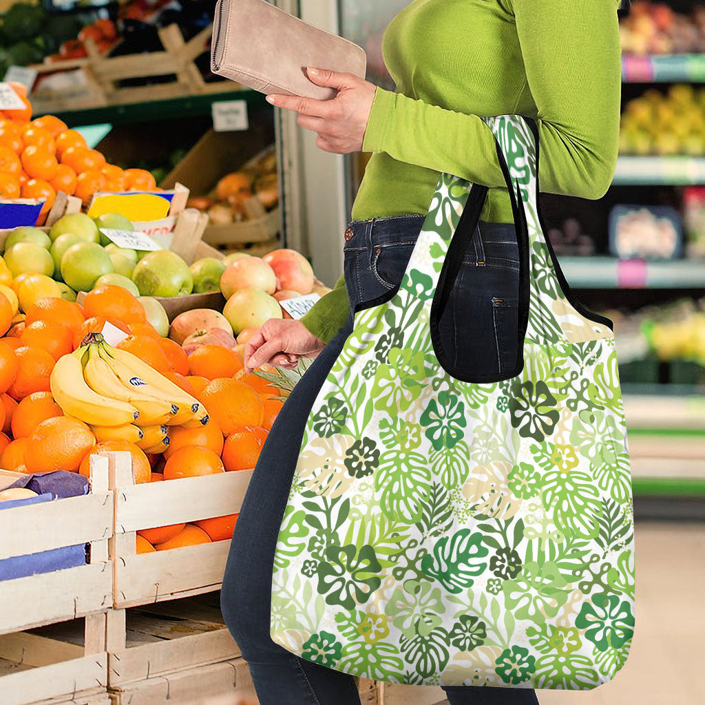 Green Aloha Hawaiian Grocery Bag Monstera Hibiscus Tropical Pattern