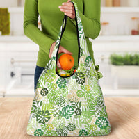 Green Aloha Hawaiian Grocery Bag Monstera Hibiscus Tropical Pattern