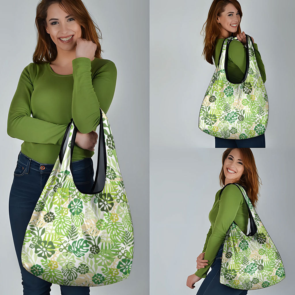 Green Aloha Hawaiian Grocery Bag Monstera Hibiscus Tropical Pattern