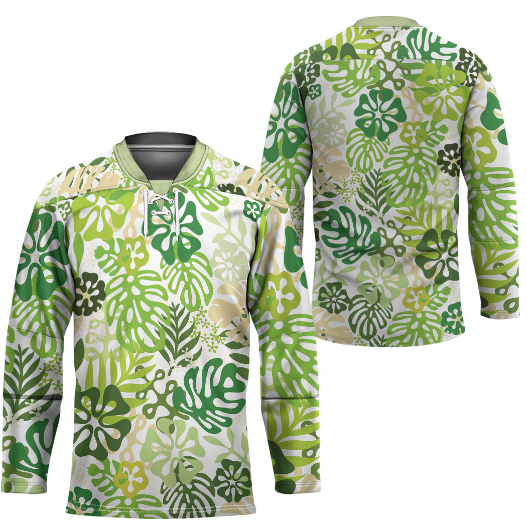 Green Aloha Hawaiian Hockey Jersey Monstera Hibiscus Tropical Pattern