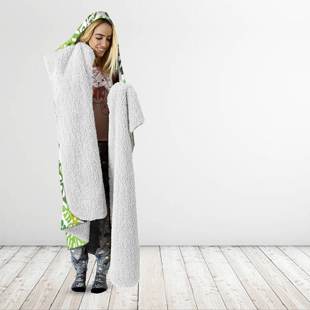 Green Aloha Hawaiian Hooded Blanket Monstera Hibiscus Tropical Pattern