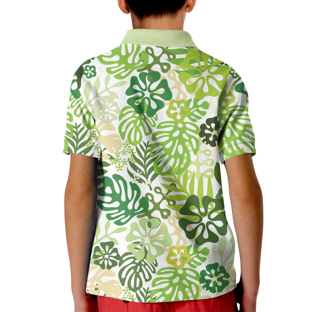 Green Aloha Hawaiian Kid Polo Shirt Monstera Hibiscus Tropical Pattern