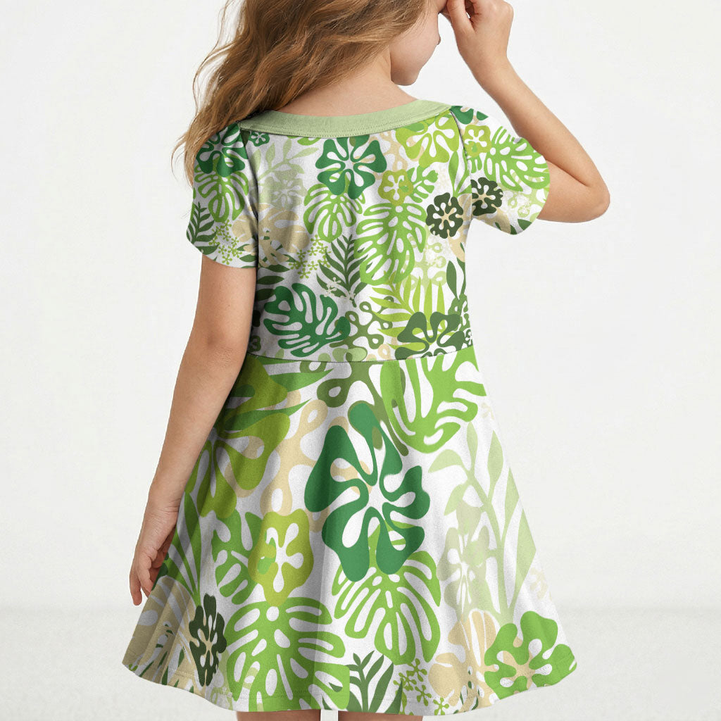 Green Aloha Hawaiian Kid Short Sleeve Dress Monstera Hibiscus Tropical Pattern