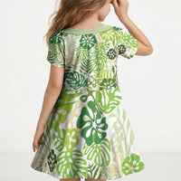 Green Aloha Hawaiian Kid Short Sleeve Dress Monstera Hibiscus Tropical Pattern