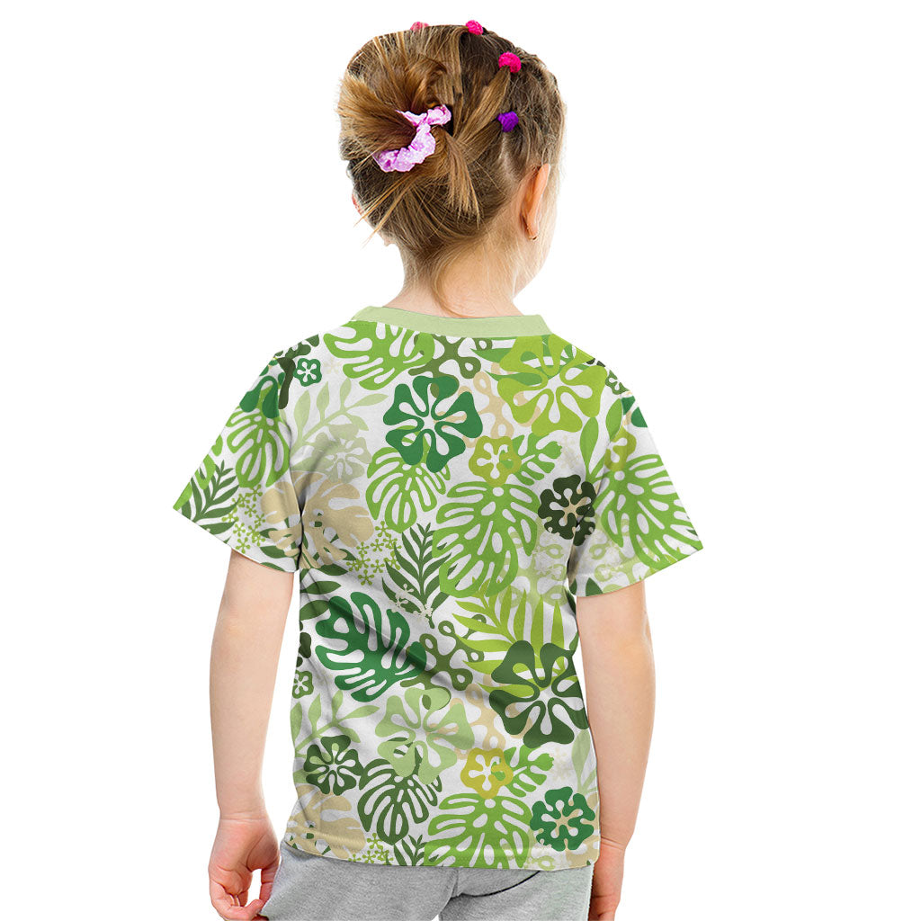 Green Aloha Hawaiian Kid T Shirt Monstera Hibiscus Tropical Pattern