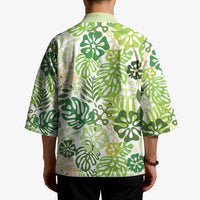 Green Aloha Hawaiian Kimono Monstera Hibiscus Tropical Pattern