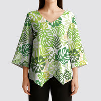 Green Aloha Hawaiian Kimono Sleeve Blouse Monstera Hibiscus Tropical Pattern