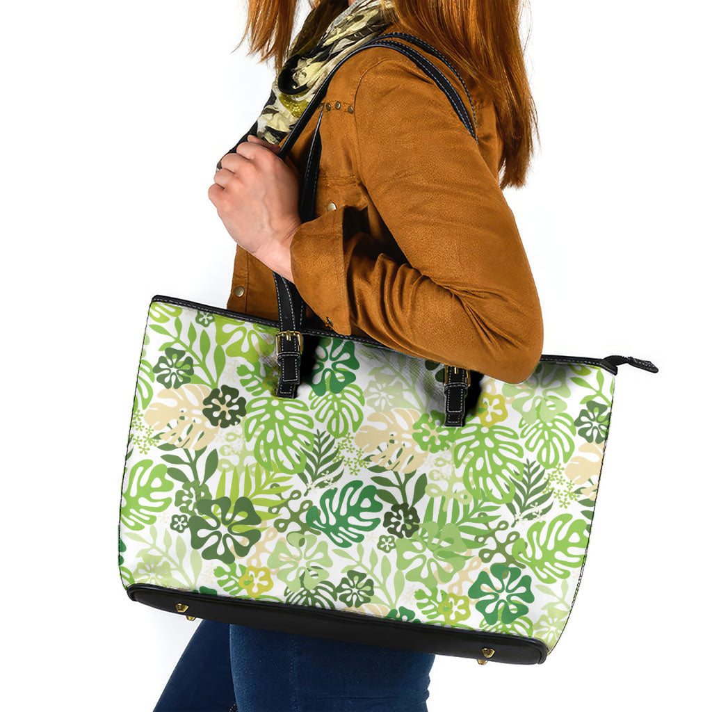 Green Aloha Hawaiian Leather Tote Bag Monstera Hibiscus Tropical Pattern