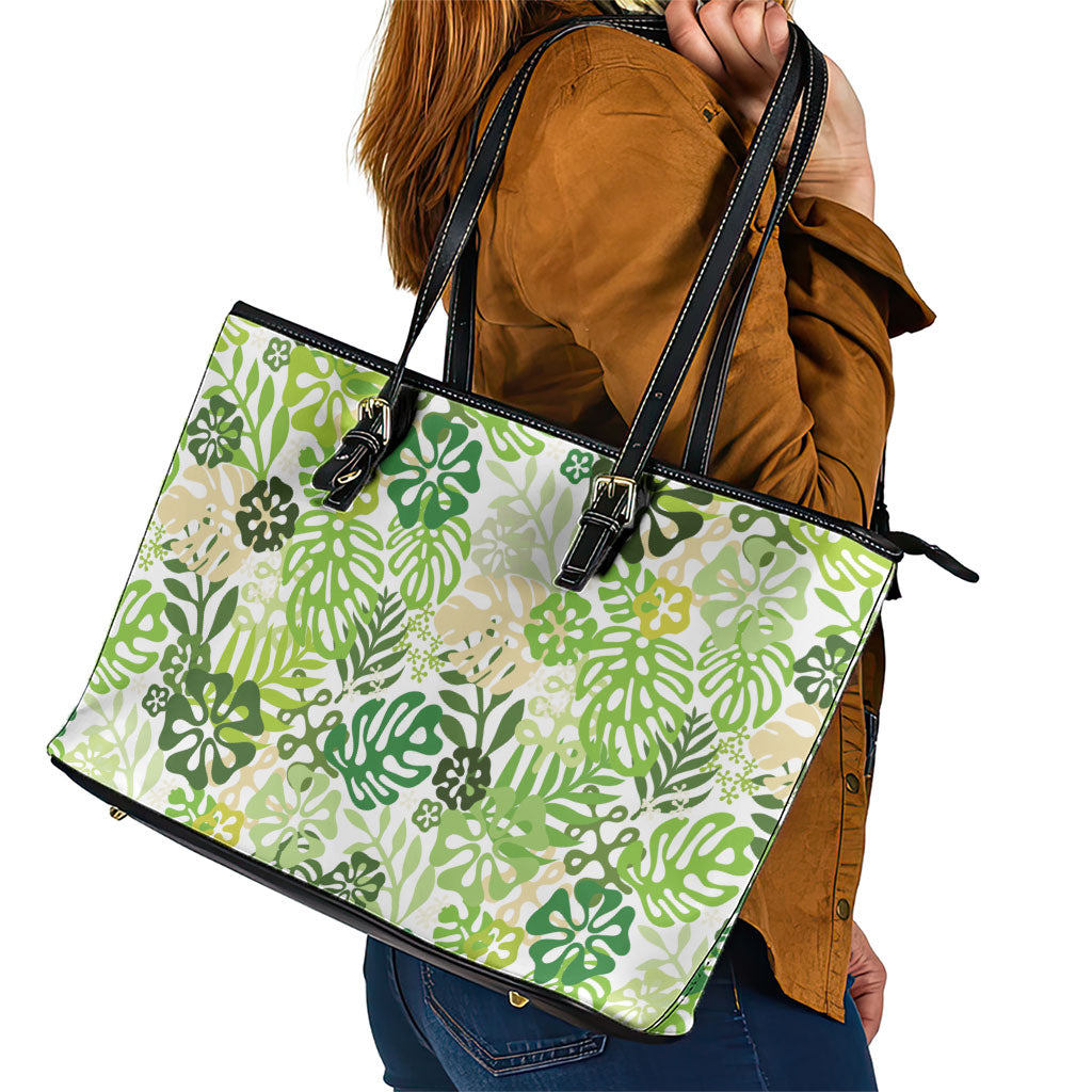 Green Aloha Hawaiian Leather Tote Bag Monstera Hibiscus Tropical Pattern