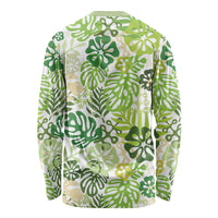 Green Aloha Hawaiian Long Sleeve Shirt Monstera Hibiscus Tropical Pattern