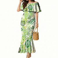 Green Aloha Hawaiian Mermaid Dress Monstera Hibiscus Tropical Pattern