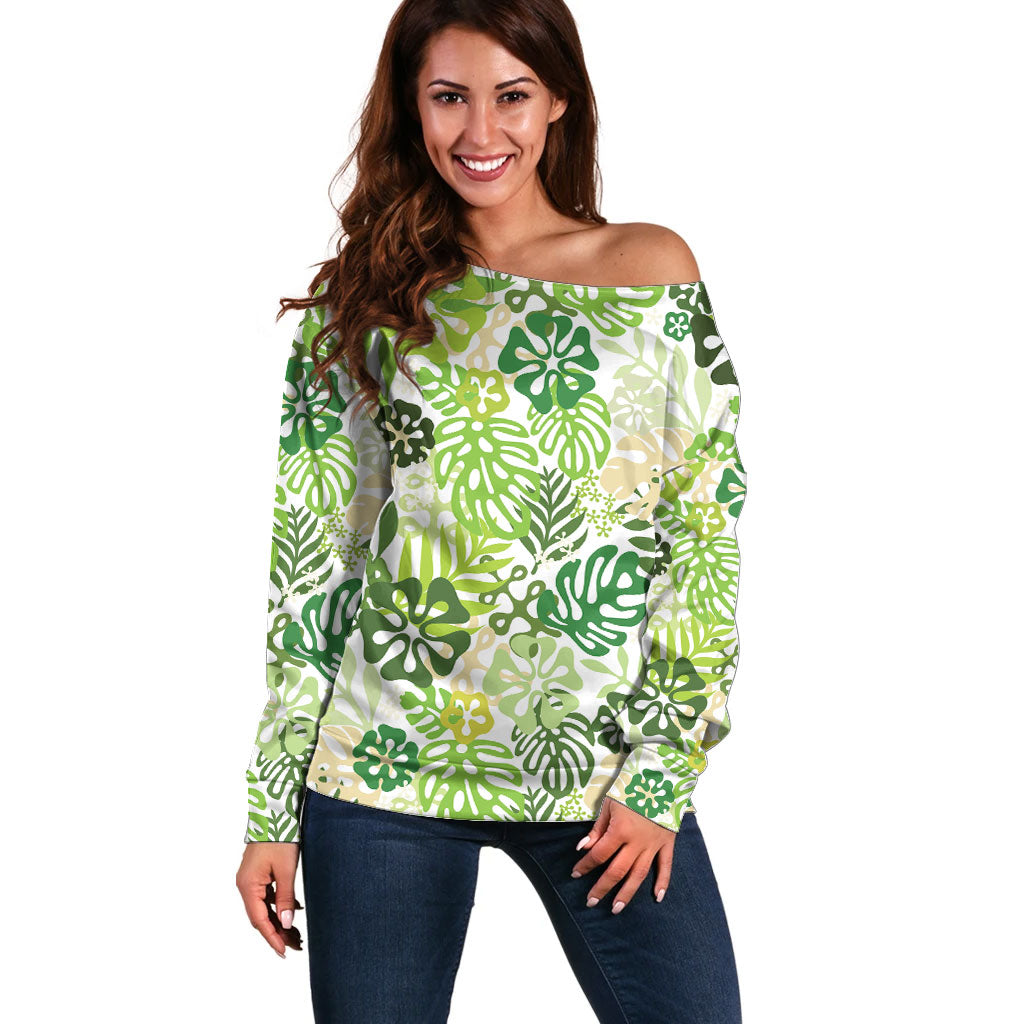 Green Aloha Hawaiian Off Shoulder Sweater Monstera Hibiscus Tropical Pattern