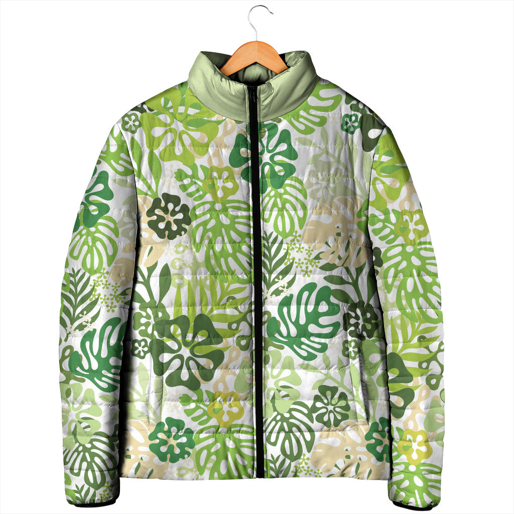 Green Aloha Hawaiian Padded Jacket Monstera Hibiscus Tropical Pattern