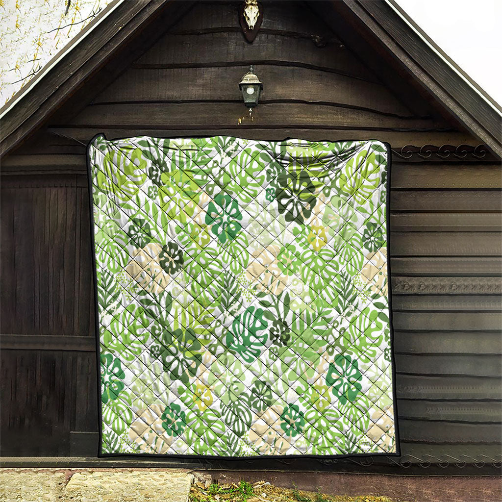 Green Aloha Hawaiian Quilt Monstera Hibiscus Tropical Pattern