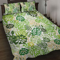 Green Aloha Hawaiian Quilt Bed Set Monstera Hibiscus Tropical Pattern