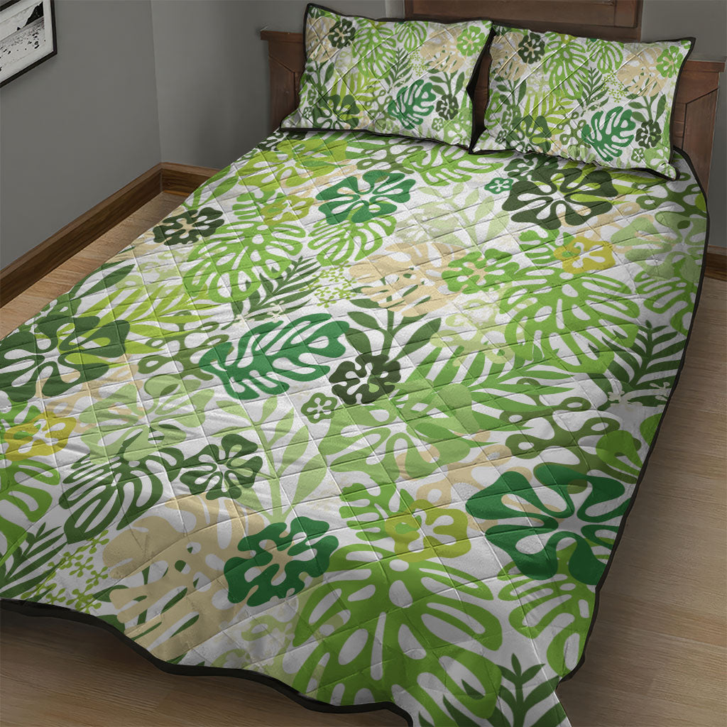 Green Aloha Hawaiian Quilt Bed Set Monstera Hibiscus Tropical Pattern