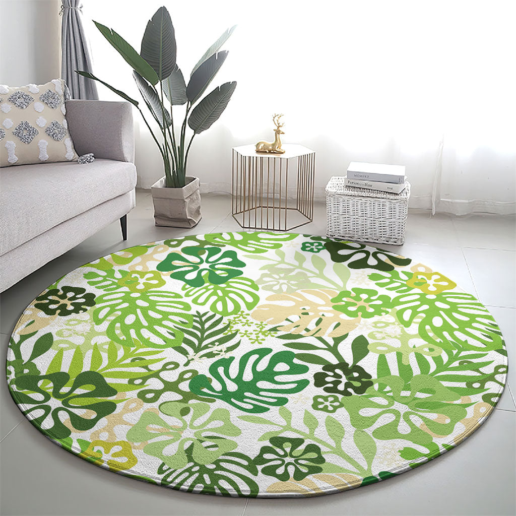 Green Aloha Hawaiian Round Carpet Monstera Hibiscus Tropical Pattern