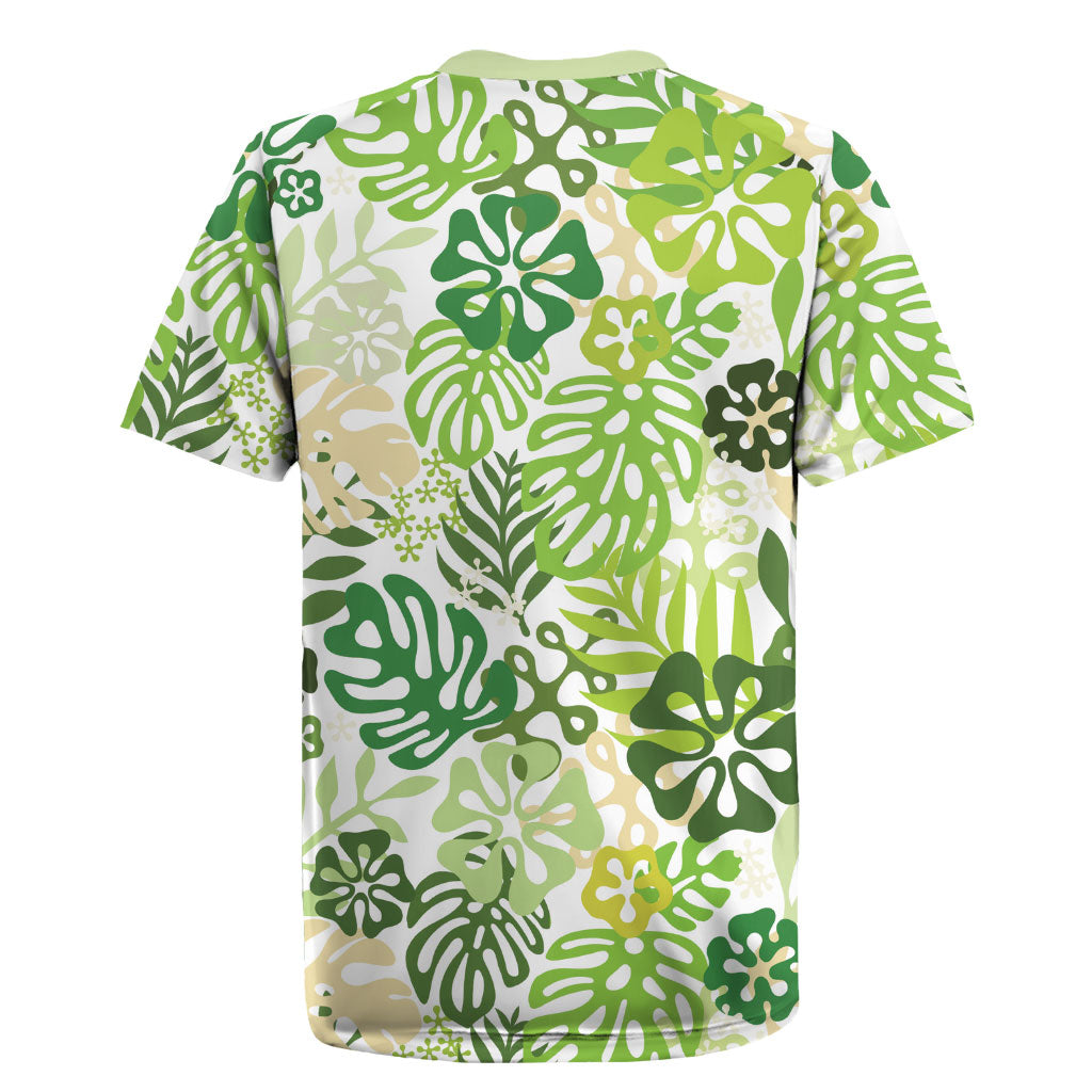 Green Aloha Hawaiian Rugby Jersey Monstera Hibiscus Tropical Pattern
