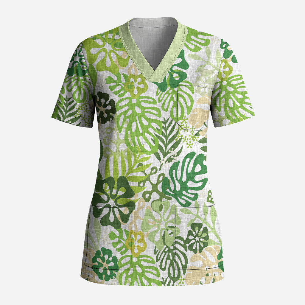 Green Aloha Hawaiian Scrub Top Monstera Hibiscus Tropical Pattern