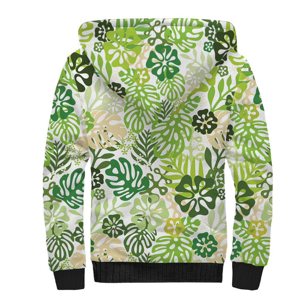 Green Aloha Hawaiian Sherpa Hoodie Monstera Hibiscus Tropical Pattern
