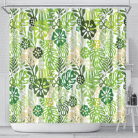 Green Aloha Hawaiian Shower Curtain Monstera Hibiscus Tropical Pattern