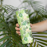 Green Aloha Hawaiian Skinny Tumbler Monstera Hibiscus Tropical Pattern
