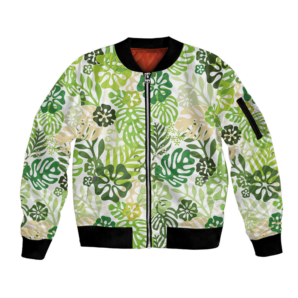 Green Aloha Hawaiian Sleeve Zip Bomber Jacket Monstera Hibiscus Tropical Pattern