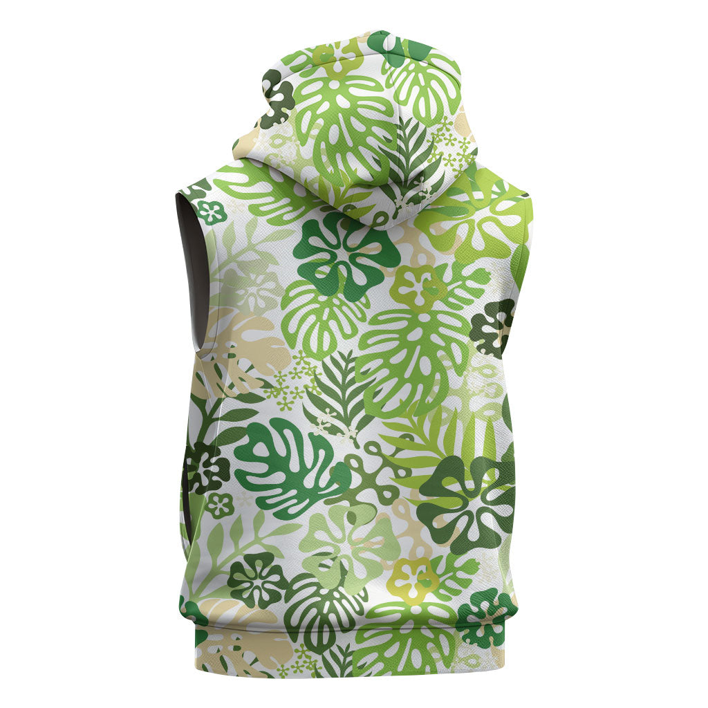 Green Aloha Hawaiian Sleeveless Zip Hoodie Monstera Hibiscus Tropical Pattern