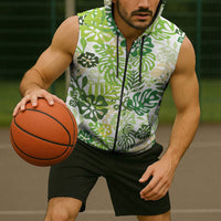 Green Aloha Hawaiian Sleeveless Zip Hoodie Monstera Hibiscus Tropical Pattern