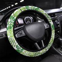 Green Aloha Hawaiian Steering Wheel Cover Monstera Hibiscus Tropical Pattern