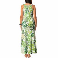Green Aloha Hawaiian Tank Maxi Dress Monstera Hibiscus Tropical Pattern
