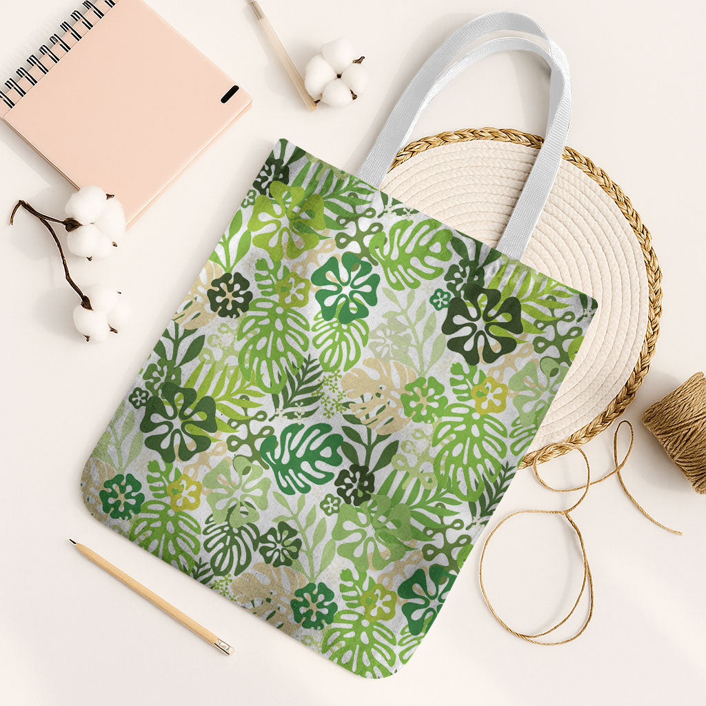 Green Aloha Hawaiian Tote Bag Monstera Hibiscus Tropical Pattern