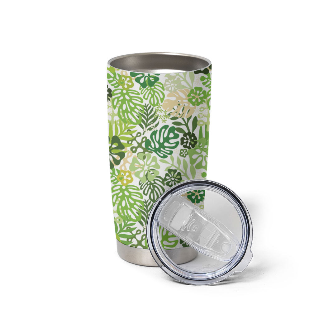 Green Aloha Hawaiian Tumbler Cup Monstera Hibiscus Tropical Pattern