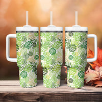 Green Aloha Hawaiian Tumbler With Handle Monstera Hibiscus Tropical Pattern