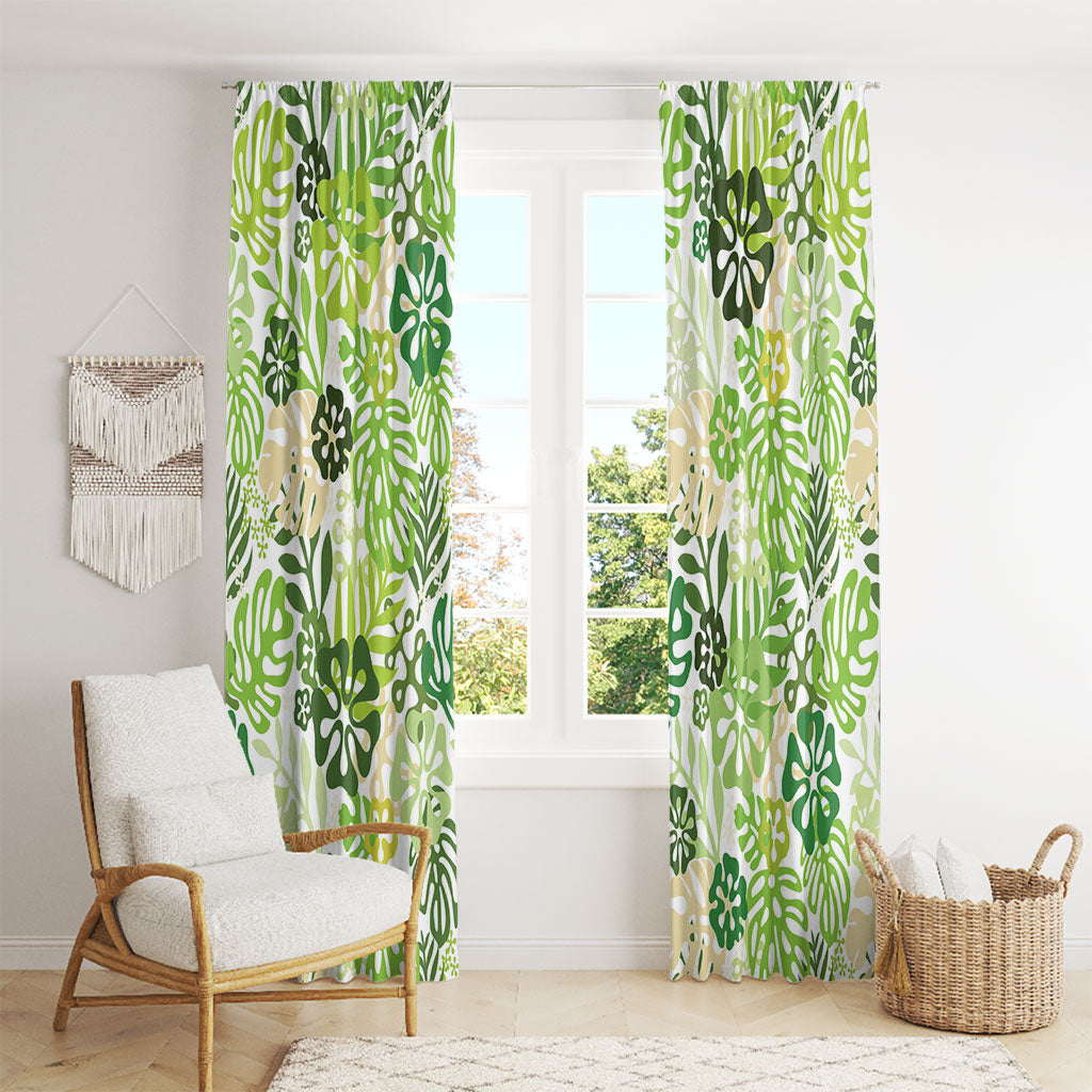 Green Aloha Hawaiian Window Curtain Monstera Hibiscus Tropical Pattern