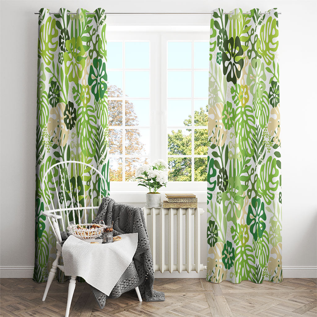 Green Aloha Hawaiian Window Curtain Monstera Hibiscus Tropical Pattern