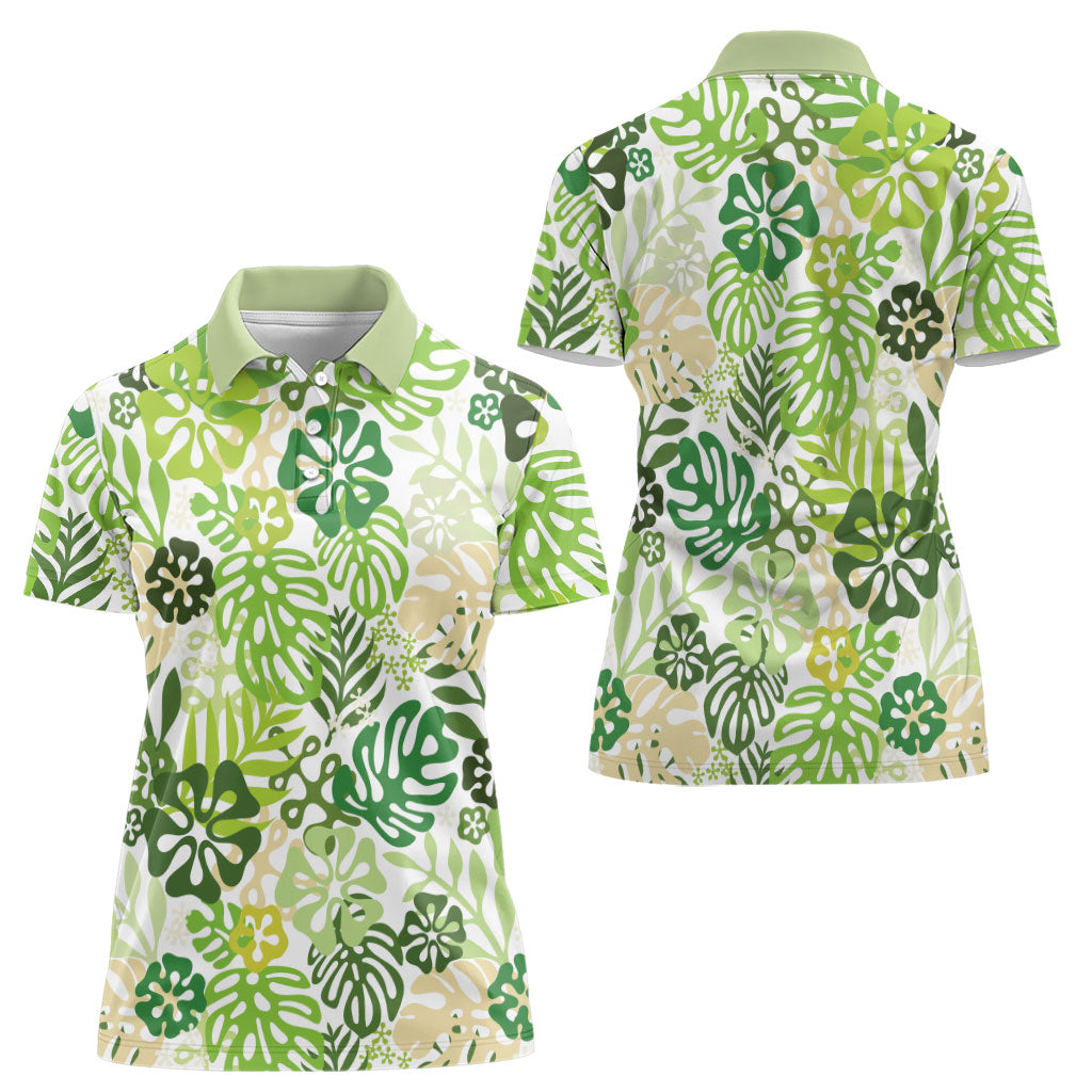 Green Aloha Hawaiian Women Polo Shirt Monstera Hibiscus Tropical Pattern