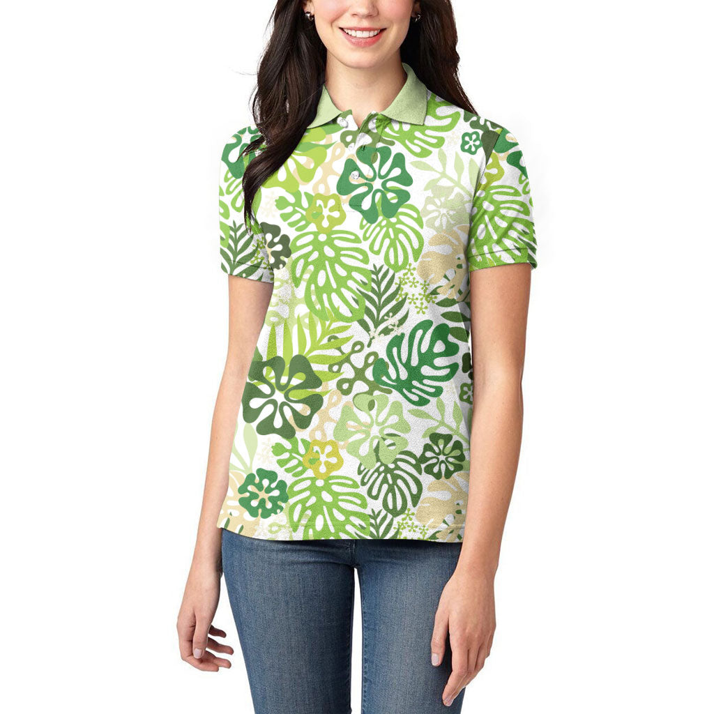Green Aloha Hawaiian Women Polo Shirt Monstera Hibiscus Tropical Pattern